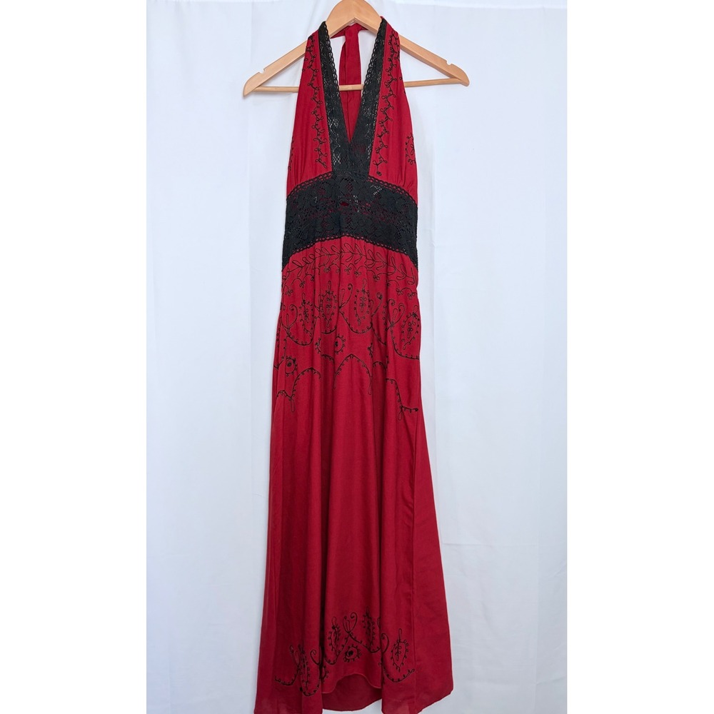 Boho Red Halter Maxi Dress Black Lace Embroidery Empire Free SZ Festival Summer